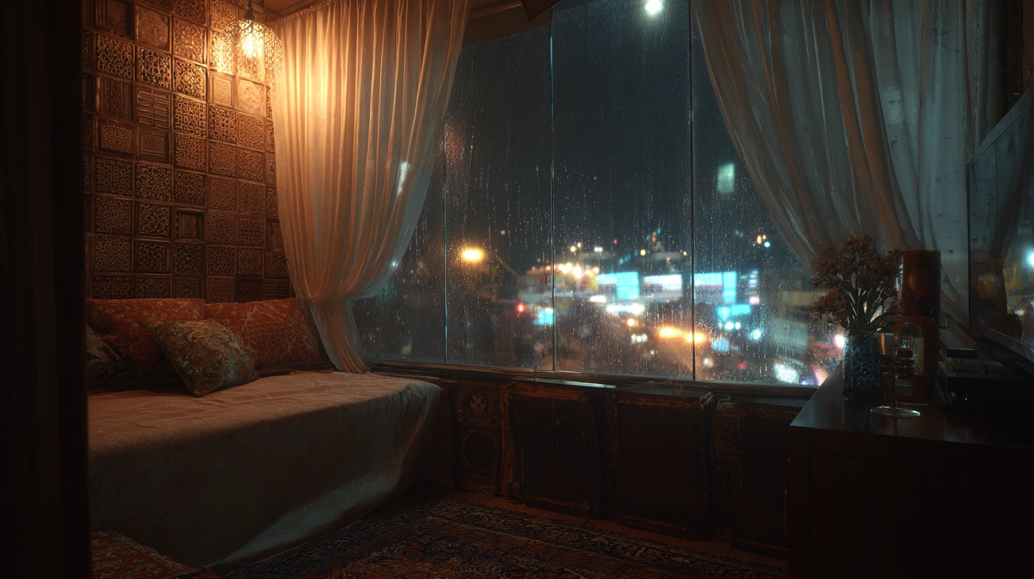 Bedroom glass wall covered with curtains at night