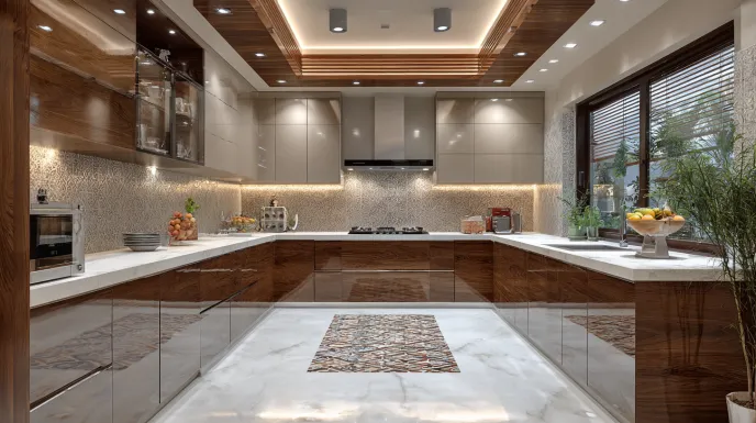 High-end non-modular kitchen interior with dark walnut cabinets.