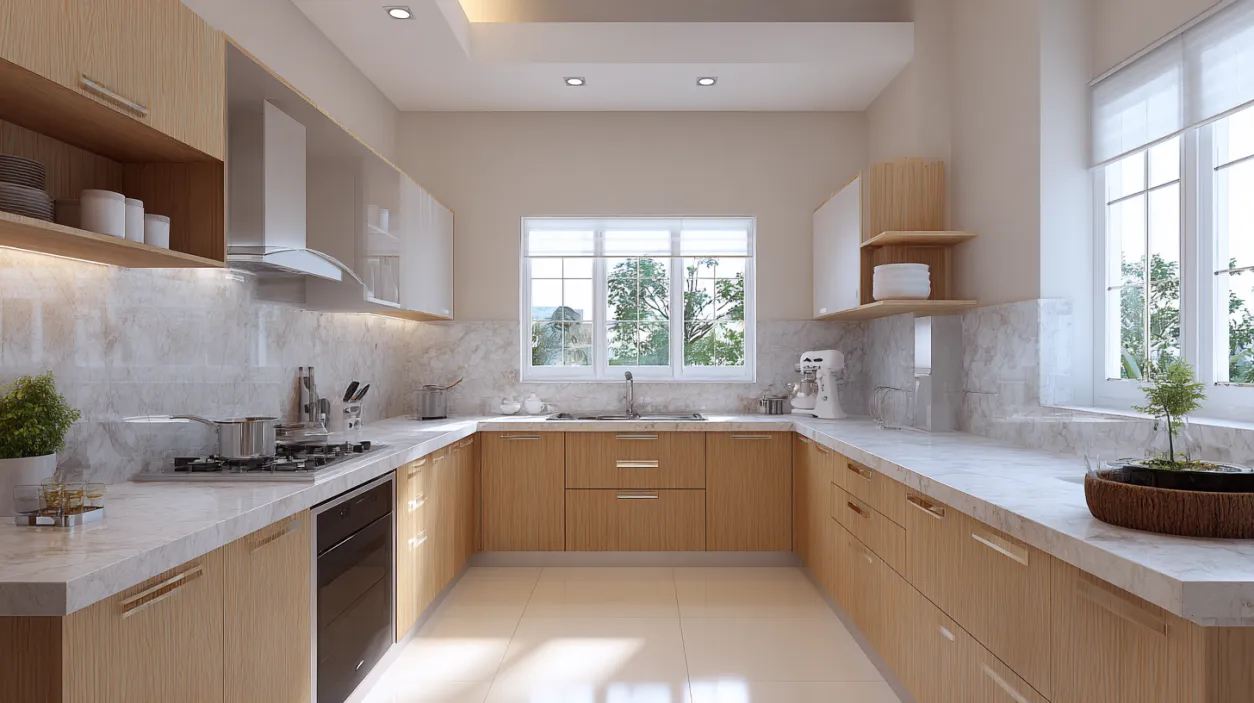 Spacious non-modular kitchen interior with light wood cabinetry.