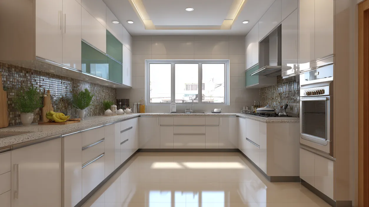 Modern white non-modular kitchen interior with U-shaped layout.