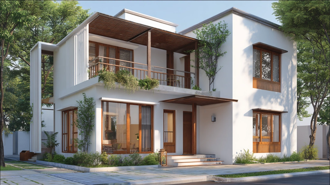 White two-storey house with wooden highlights