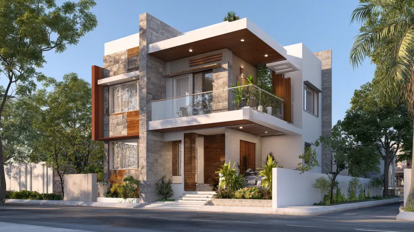 Luxury north-facing 15x30 house plan with glass balcony.