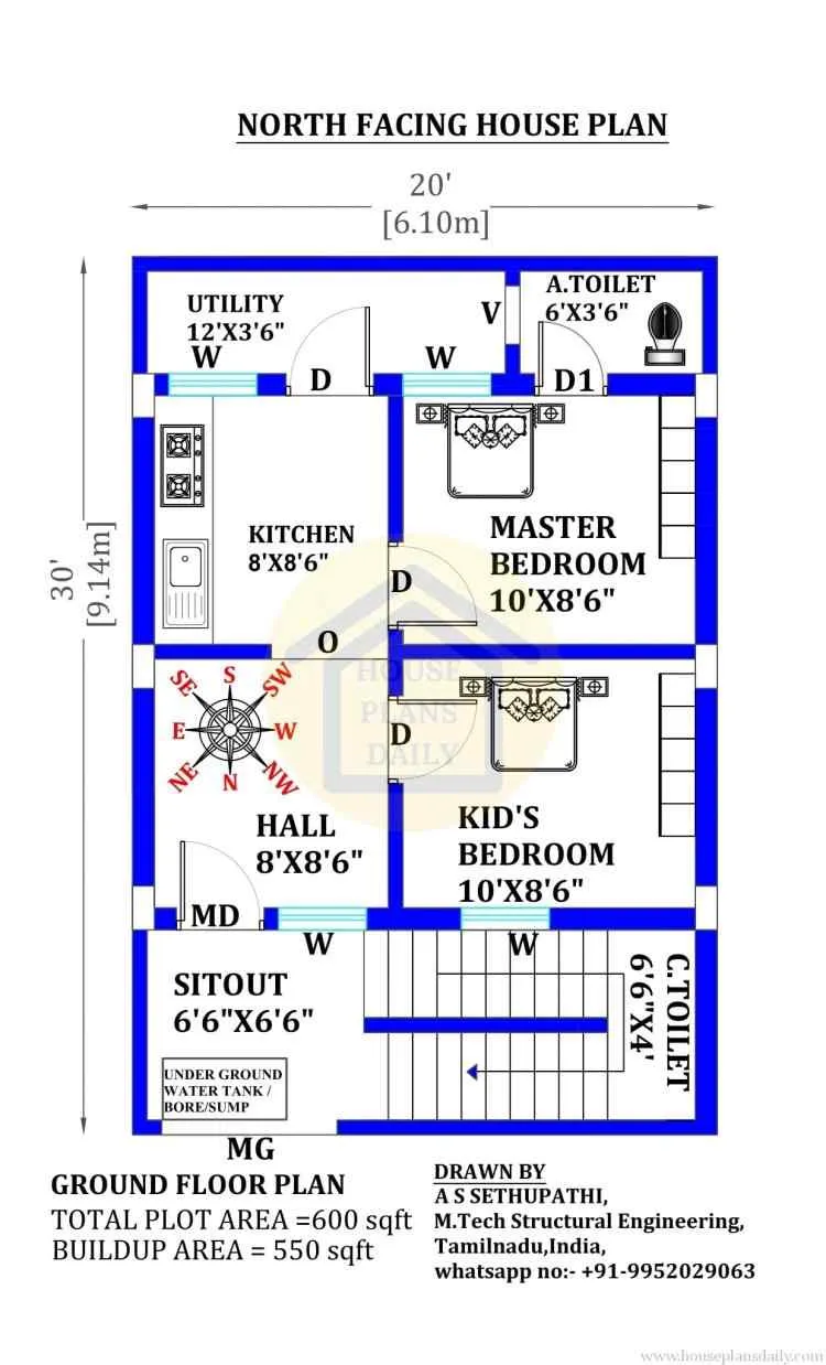 North facing 600 sq ft house plans for ground unit