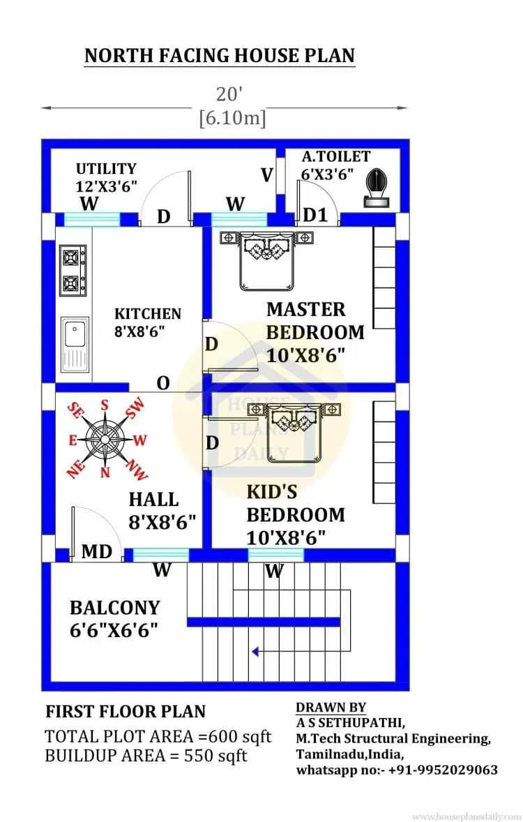 North facing 600 sq ft house plans for first floor