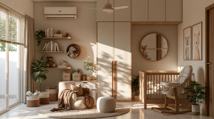 Modern nursery room design with wooden crib