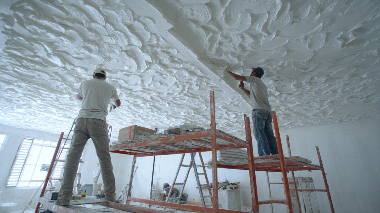 POP ceiling application with mesh and layered plaster