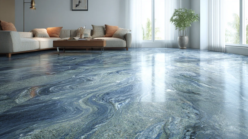 ocean blue shade used in stylish living room granite flooring