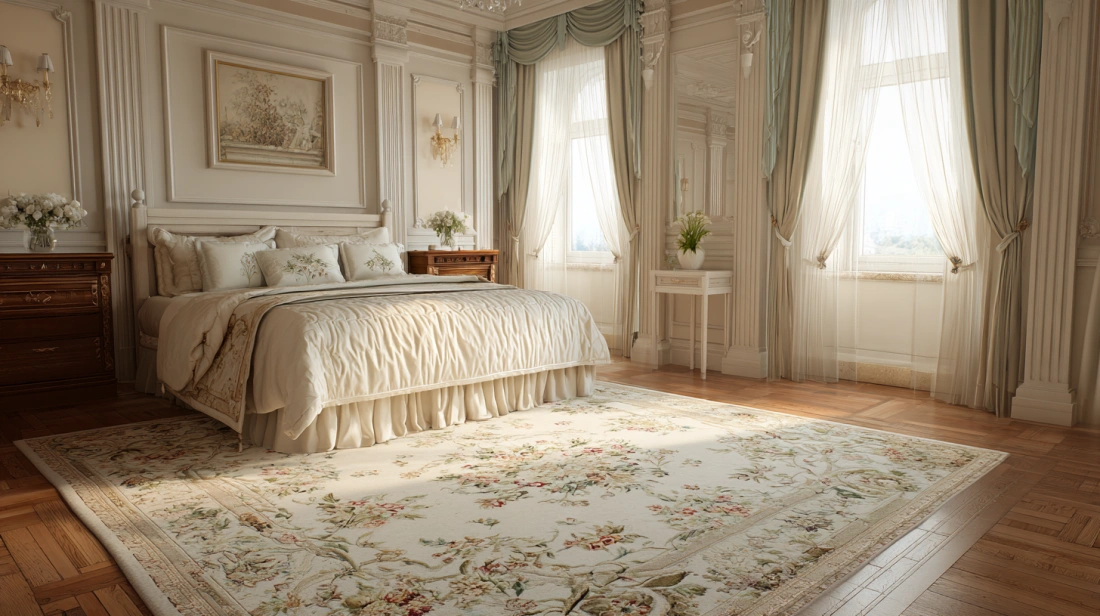 Off white floral carpet adds elegance to spacious bedroom