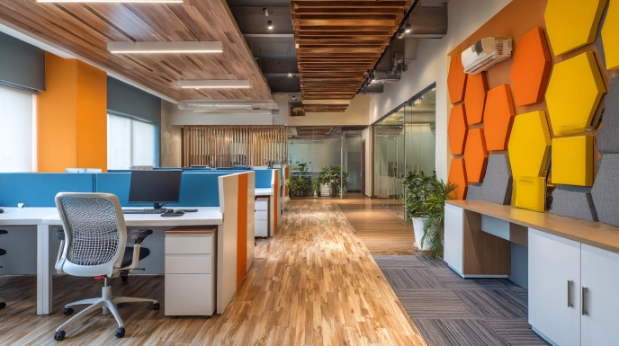 Acoustic plywood partition in office workspace