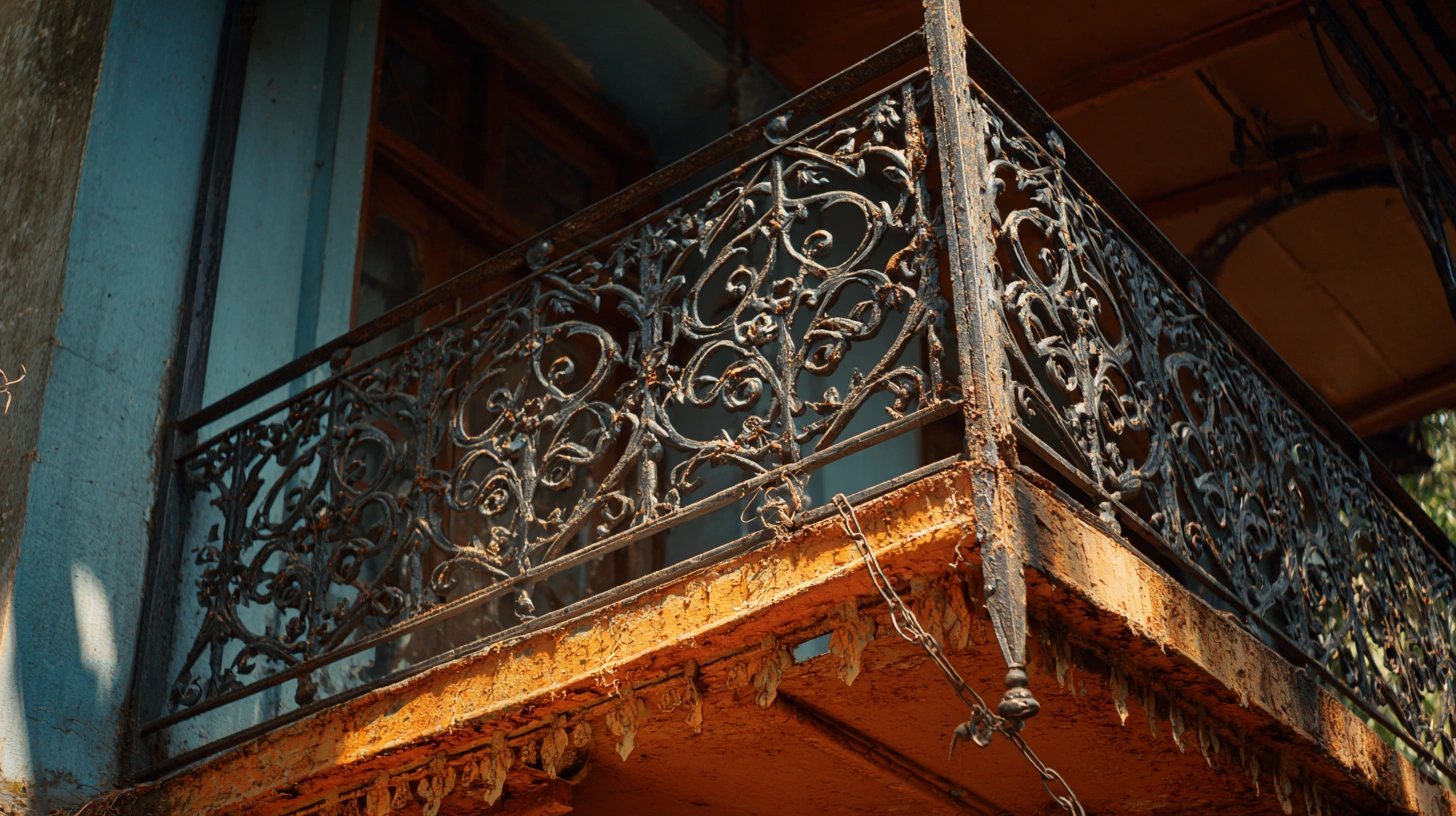 Antique-style wrought iron verandah railing with heavy floral casting