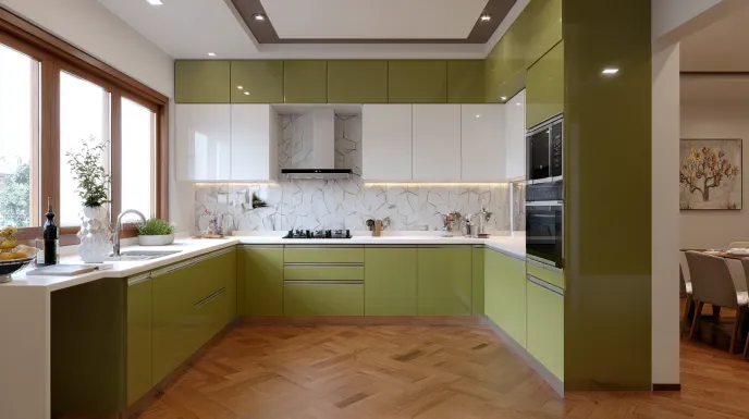 contemporary kitchen with olive green and white cabinet colour combination and sleek design