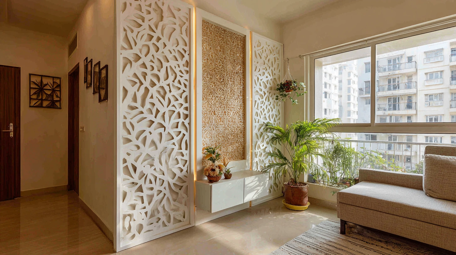 White patterned panel accentuates living room corner