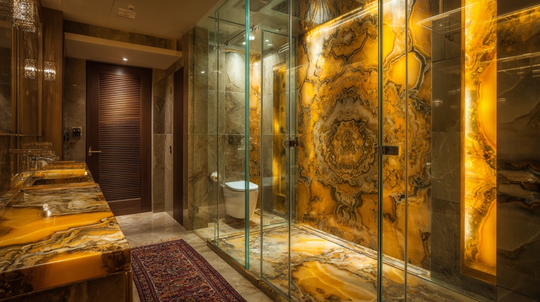 Luxurious onyx-patterned glass screen for high-end bathrooms