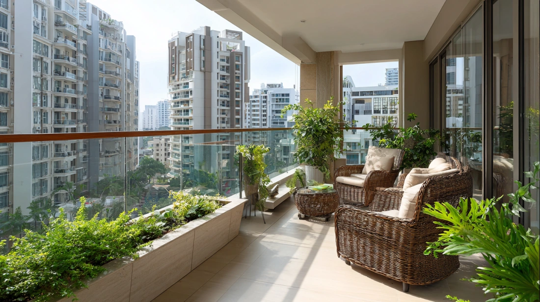 Open balcony sitout with glass railing