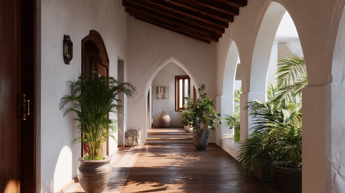 Simple wall arch detail in Indian home corridor
