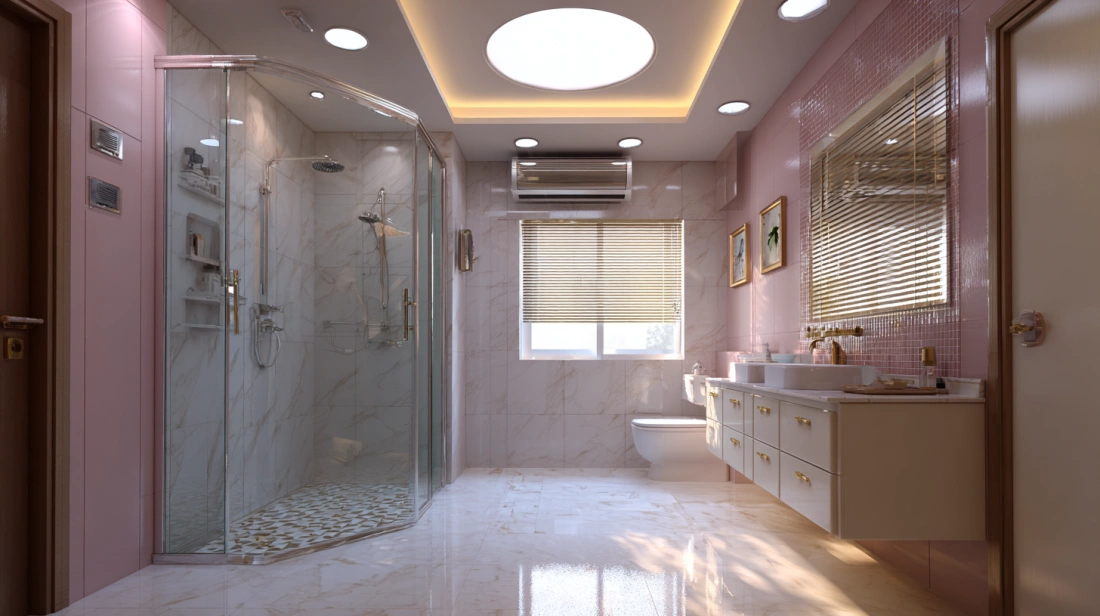Unique open-grid false ceiling in a modern bathroom