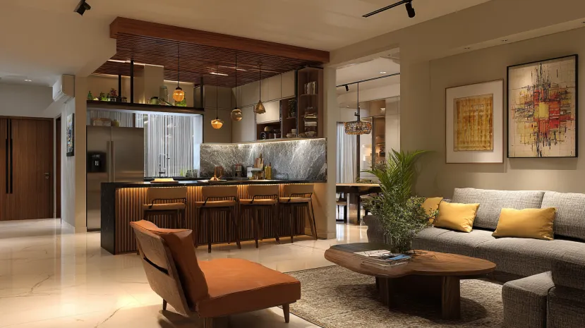 modern open concept kitchen entrance design with sleek layout