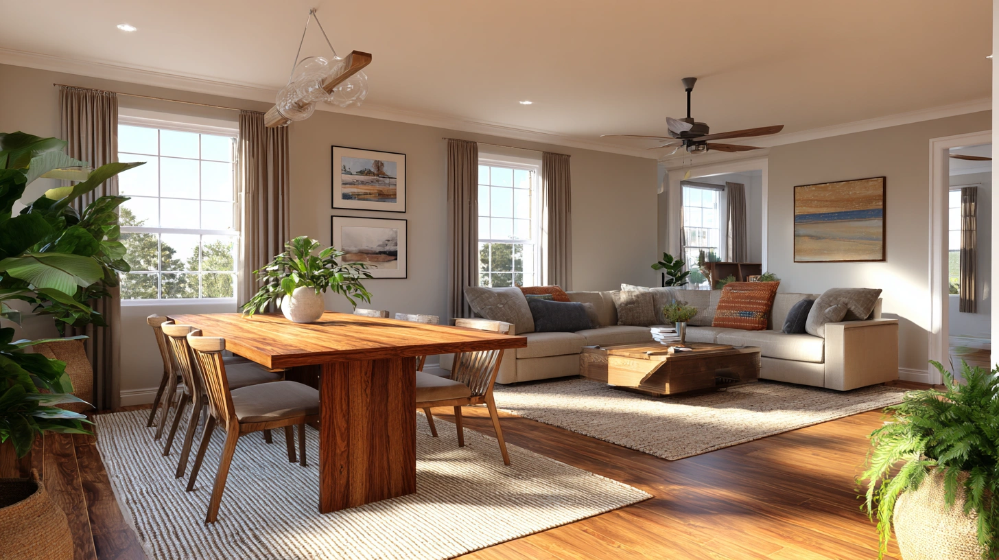 Dual rugs smartly divide open living and dining areas