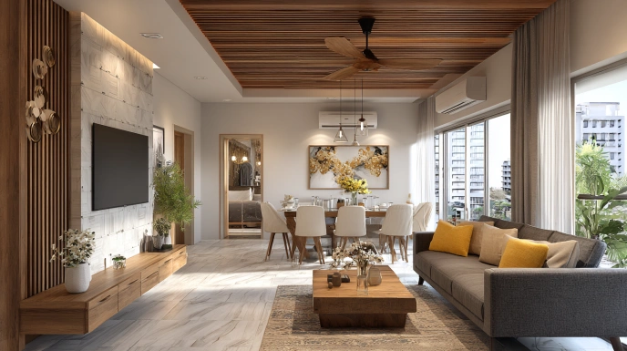 Open living and dining area in 2BHK apartment