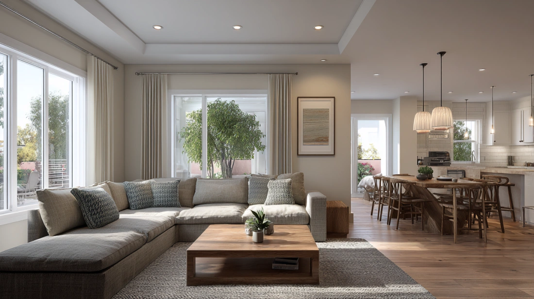 Seamlessly connected living, dining, and kitchen in duplex