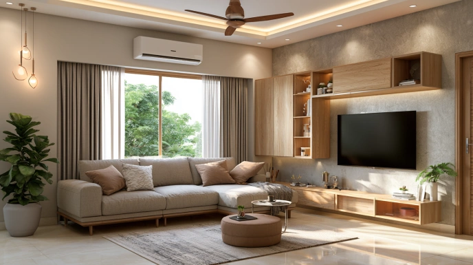 Open cube storage TV unit in a contemporary living room