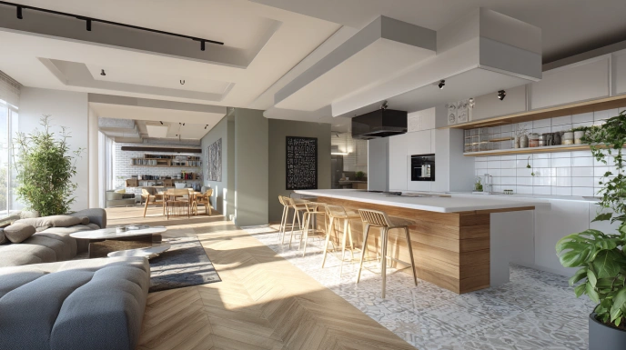 Open kitchen connected to living and dining