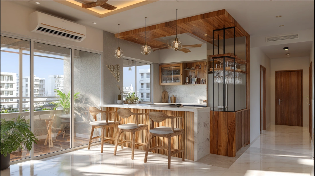 Large arched opening connecting the kitchen to a breakfast bar