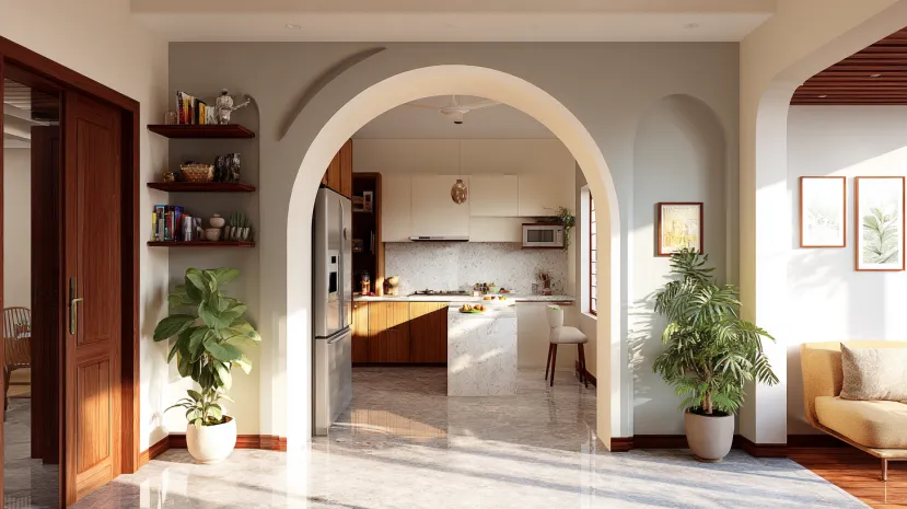 open kitchen entrance design with arch and stylish gate