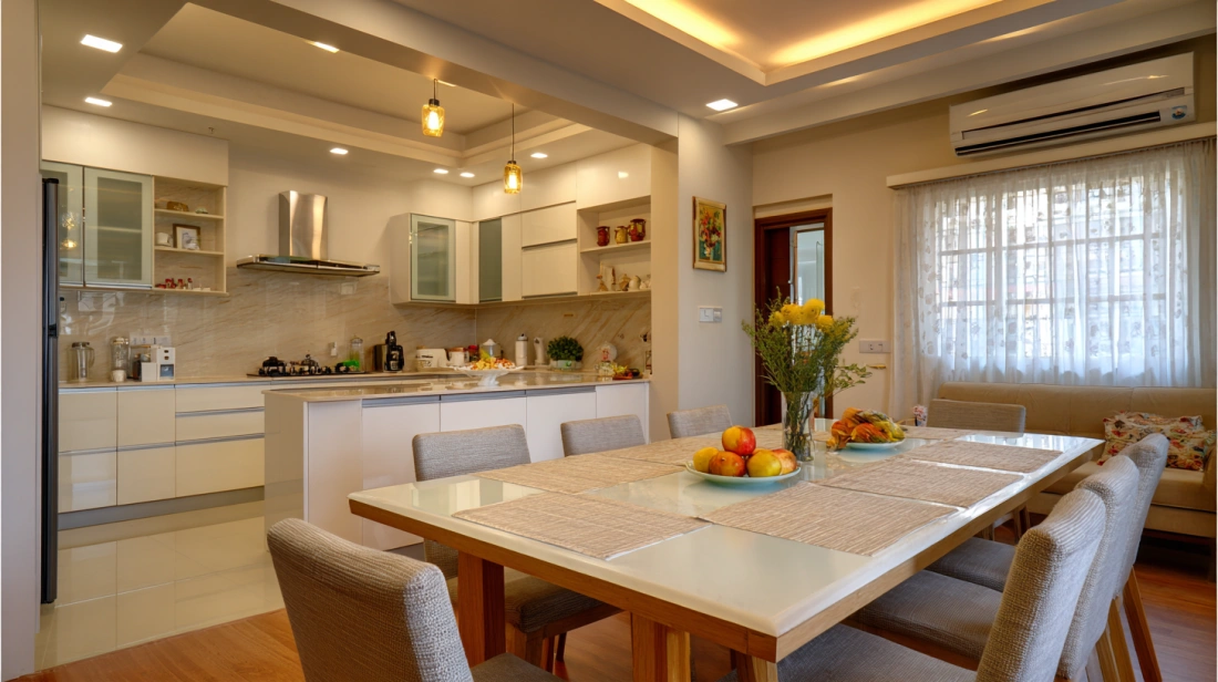 Spacious open kitchen layout seamlessly connecting to dining room