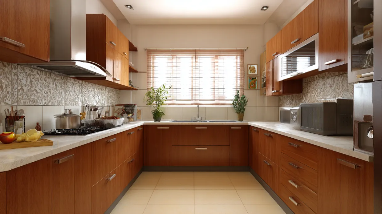 warm-toned kitchen with wooden cabinets and beige countertops
