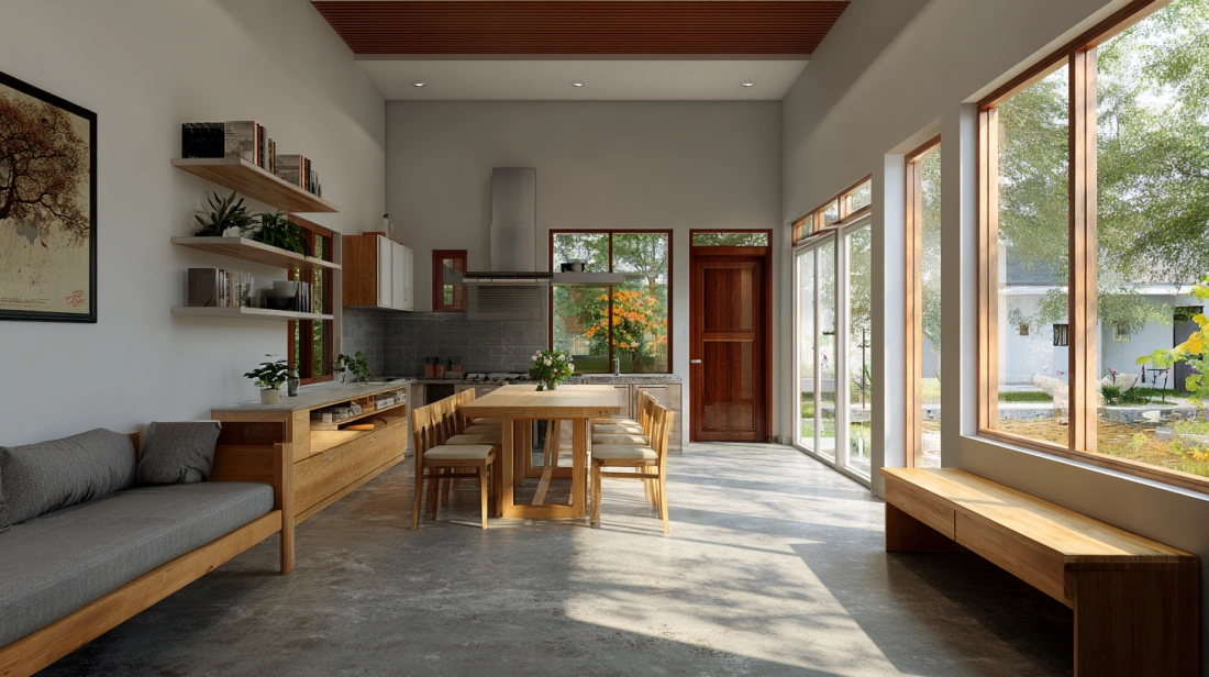 Open layout farmhouse interior with dining and kitchen space