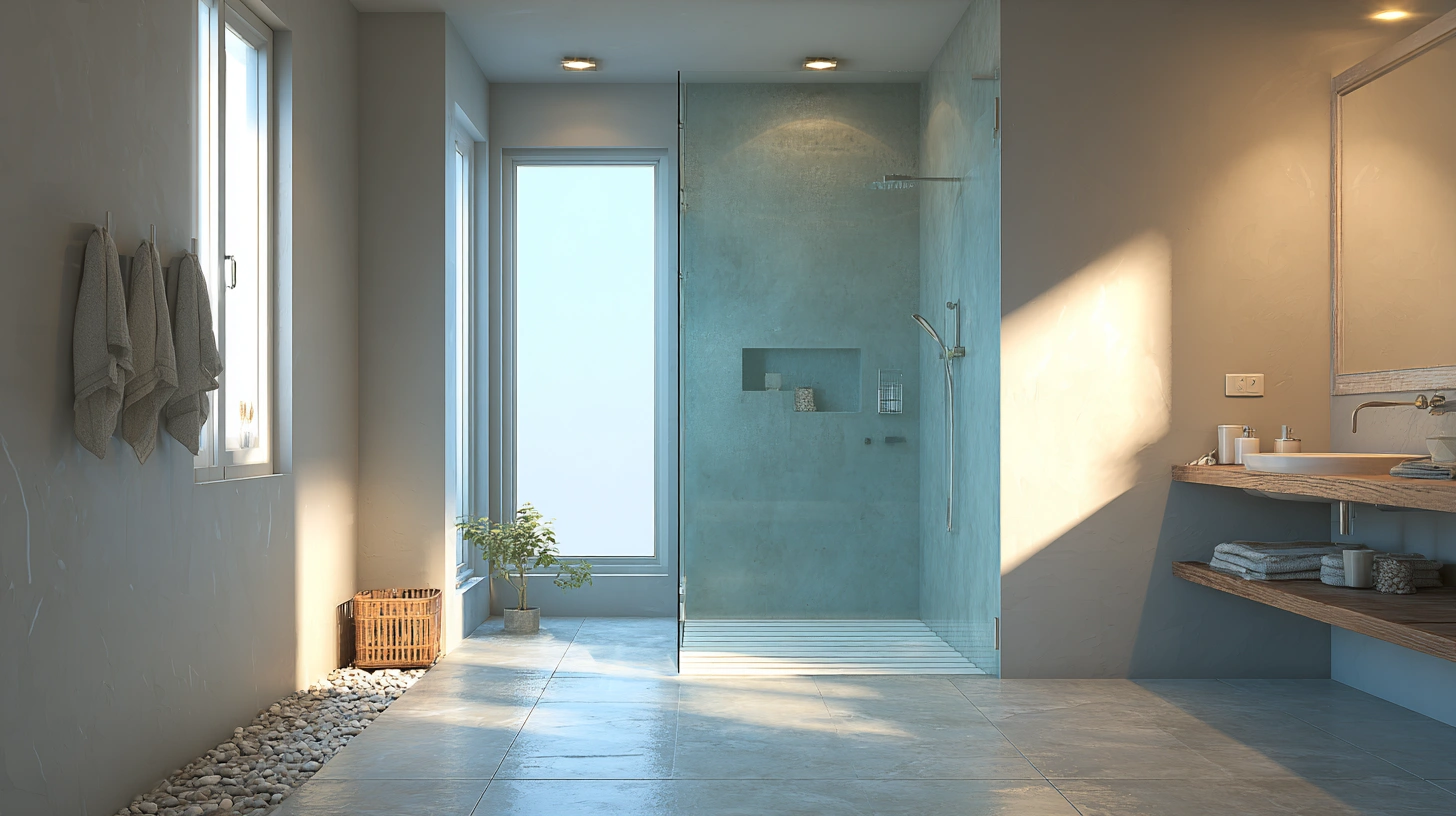 Fixed glass panel with an open walk-in shower entry