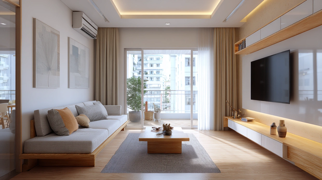 Open-plan minimalist living room with simple decor