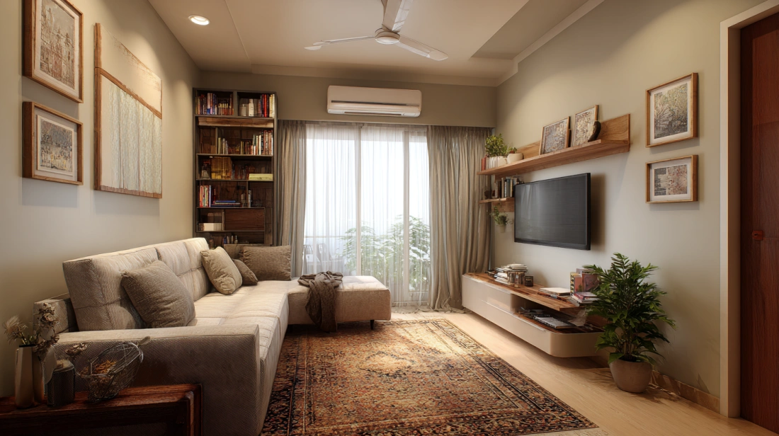 Open plan studio apartment living room layout