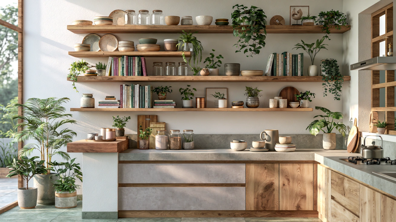 Open wooden kitchen shelves with crockery and jars
