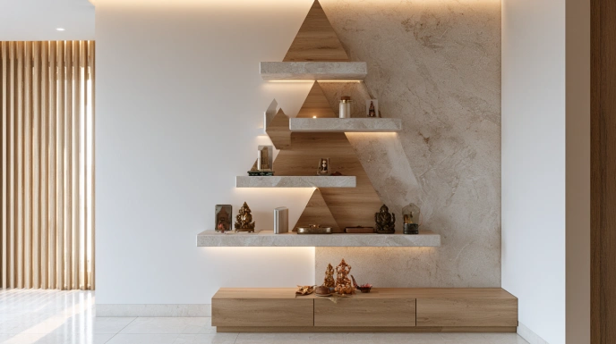 Minimalist corner pooja shelves with modern styling