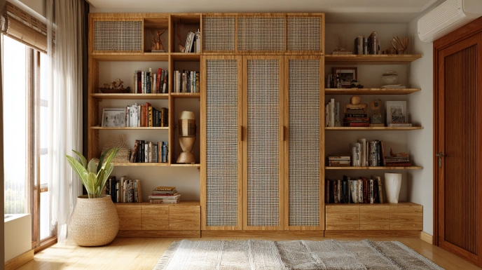 Cane wardrobe partition with open shelving
