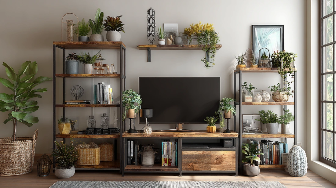 Open shelf corner TV unit with decor display