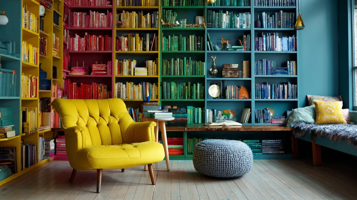 open shelving with vibrant accents in modern home library design