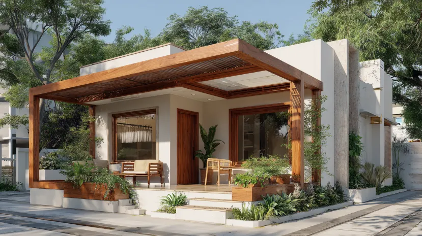 Small house design with an expansive timber porch frame.