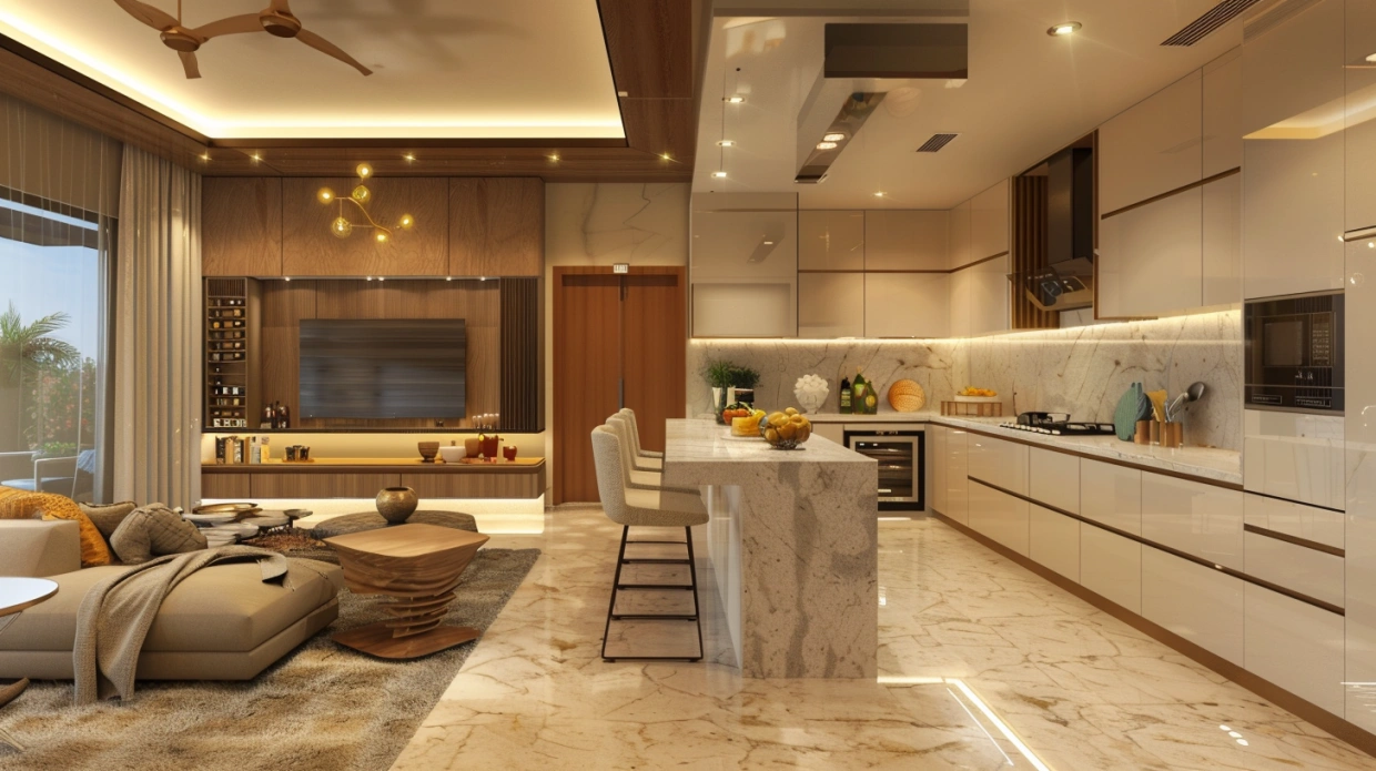 Indian open kitchen connected to living space with modern design