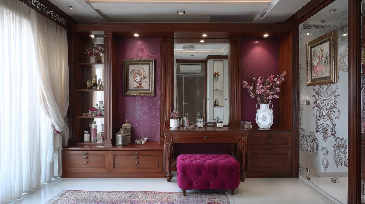 opulent wooden dressing table design with mirror and storage, perfect for luxurious bedroom interiors
