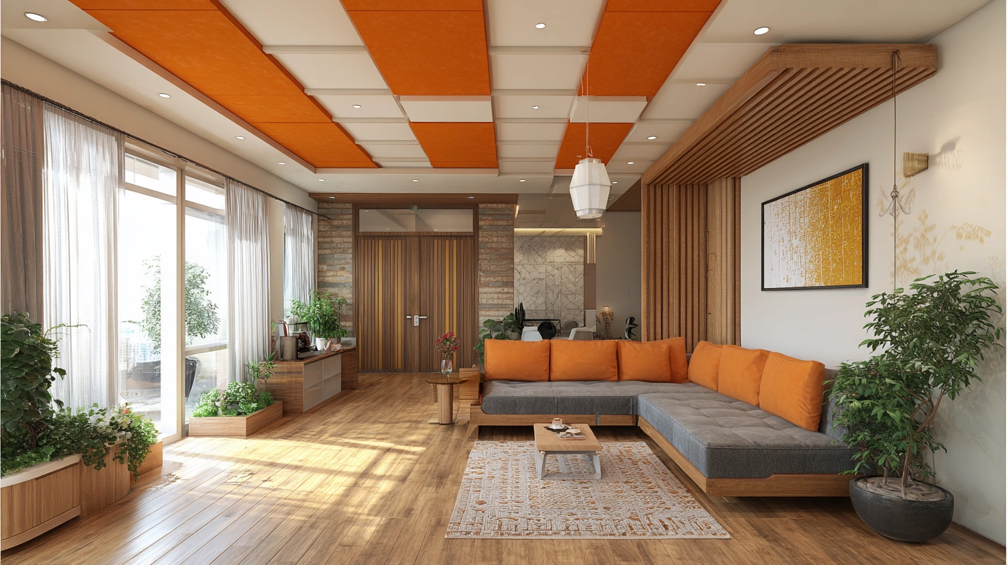 Vibrant orange and white geometric PVC ceiling design