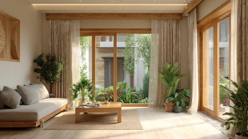 organic fusion glass wall design for living room with natural flow