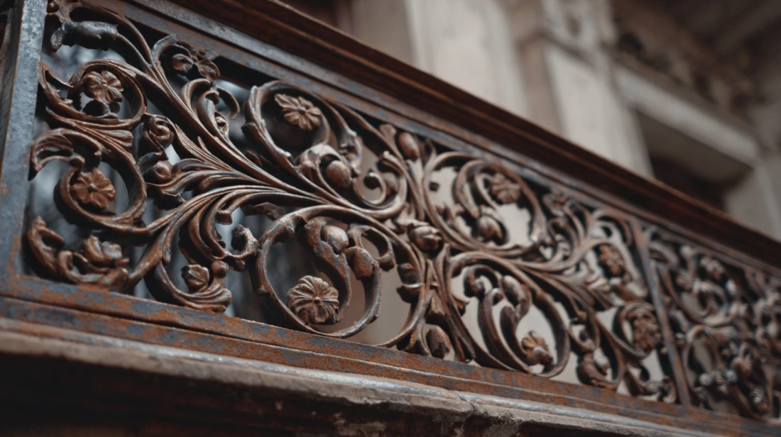 Highly decorative iron balcony grill with symmetrical swirling patterns