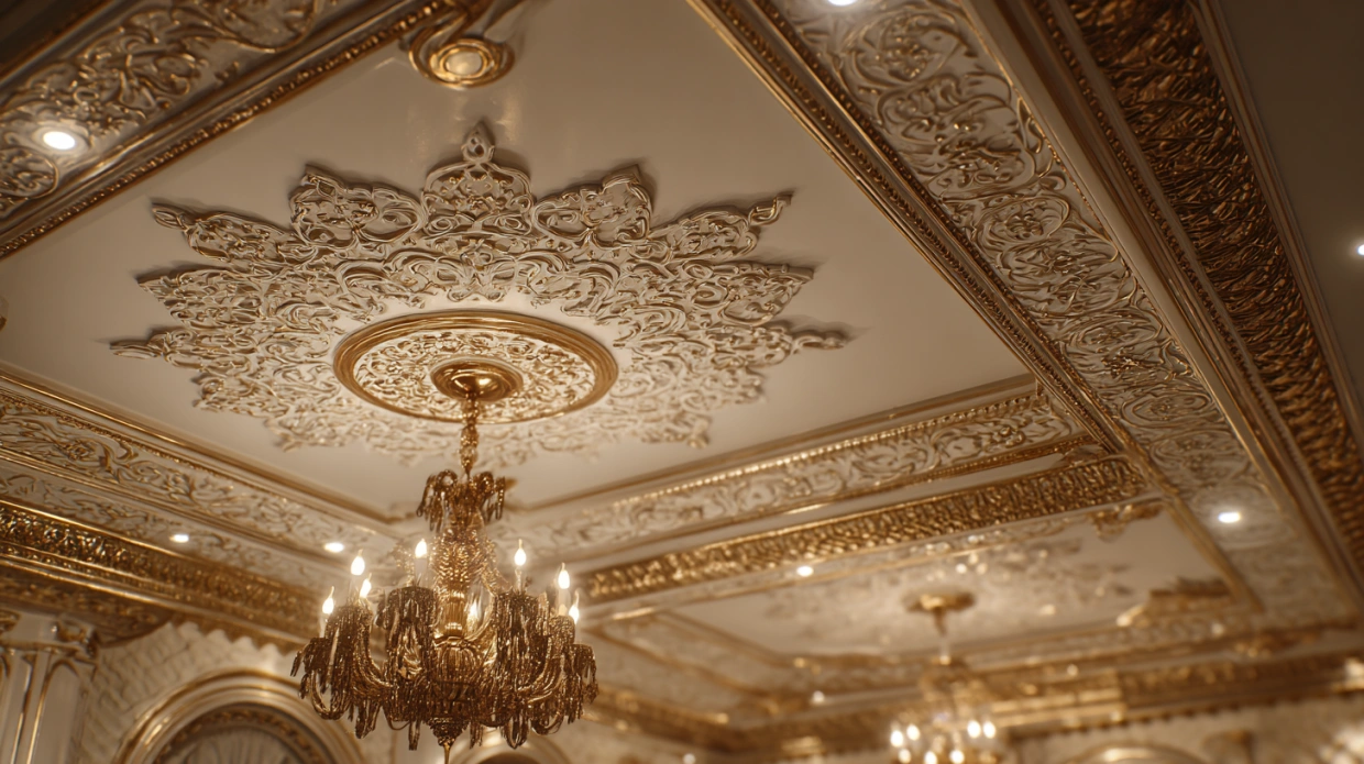 Ornate traditional POP ceiling with floral motifs