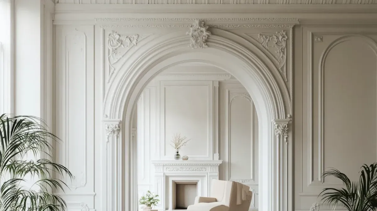 White Victorian interior arch with ornate plaster moldings