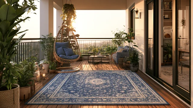 Patterned outdoor rug on a patio floor