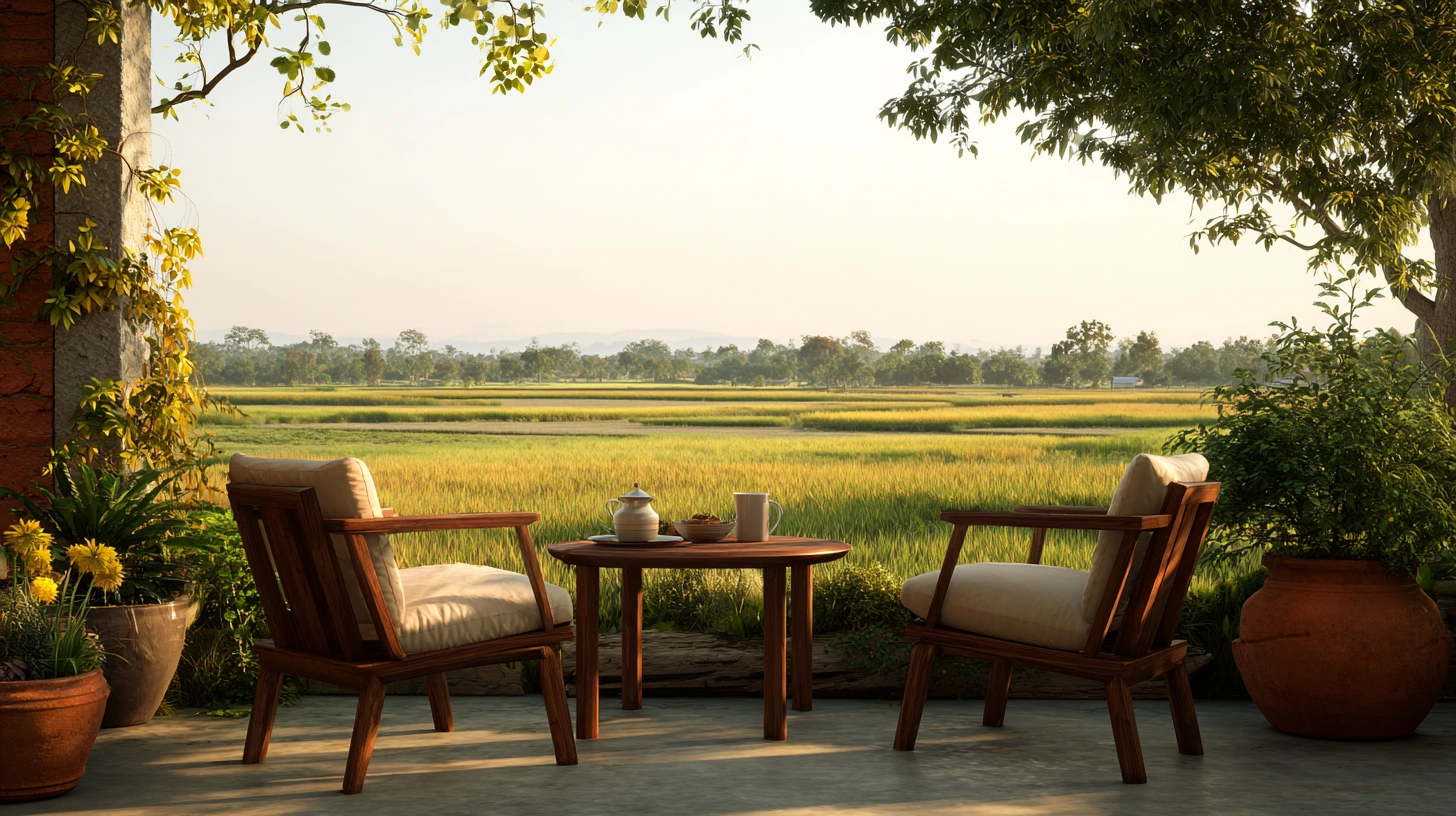 Farmhouse outdoor seating with chairs facing greenery