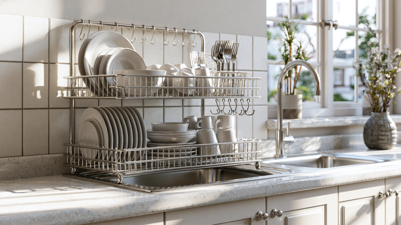 Stainless steel over-the-sink dish drying rack